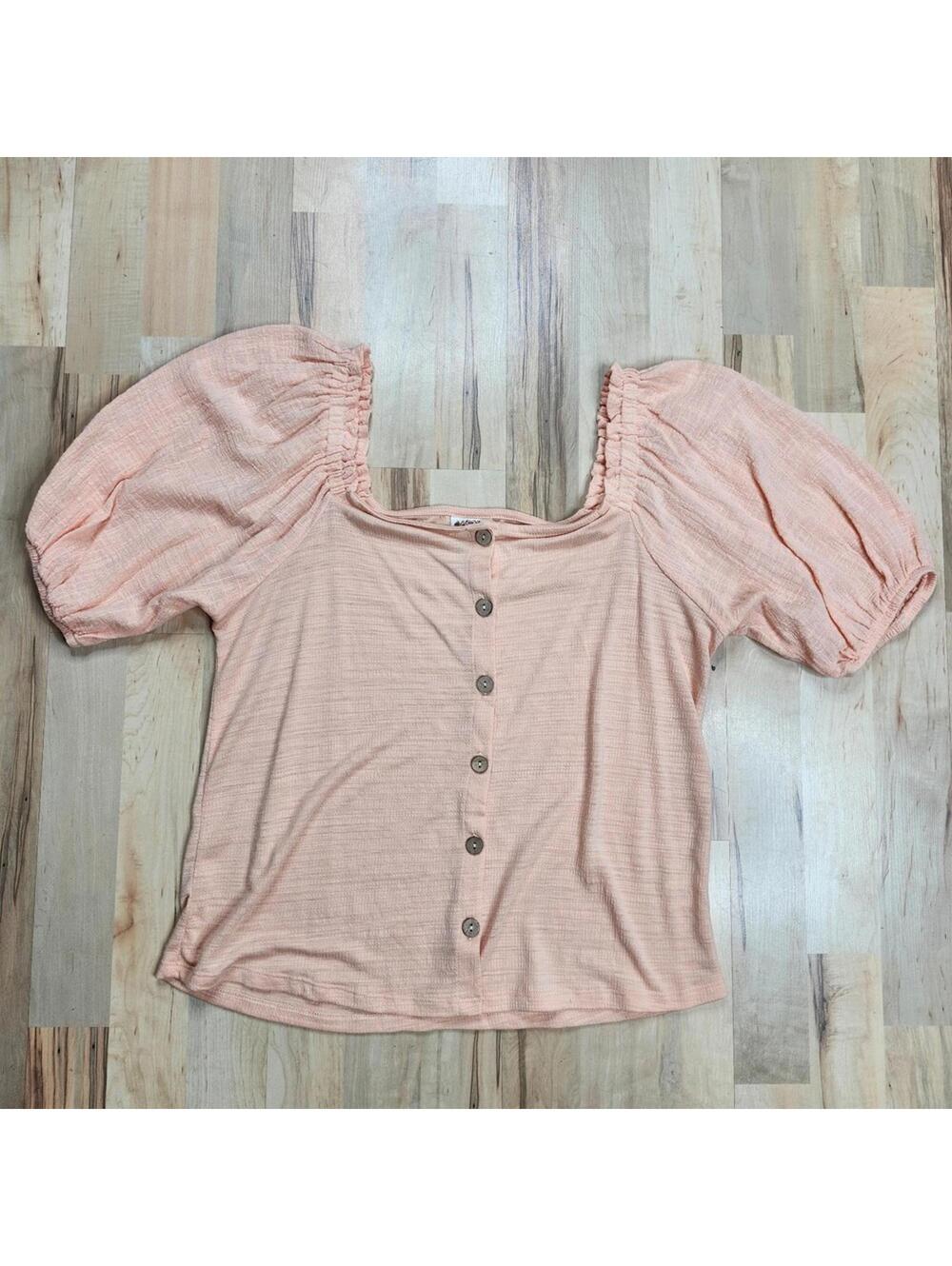 Elle L Puff Sleeve Top Square Neck Button Front Blouse Peach Pink Size L
